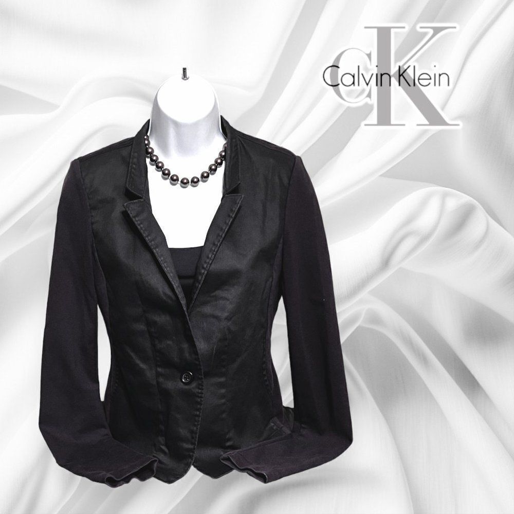 Calvin Klein Women's XS Contrasting Faux Leather Knit Blazer Jacket ~ Black